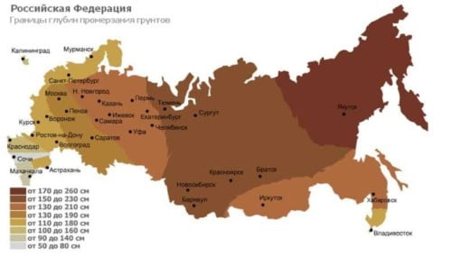 карта глубин промерзания грунтов в разных регионах России